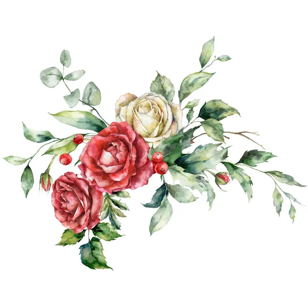 Watercolor spring bouquet of red and white roses, berries and leaves. Hand painted holiday composition of flowers and plants isolated on white background. Illustration for design, print, background