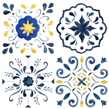 Watercolor Mediterranean tiles set of yellow and blue elements. Hand painted traditional illustration isolation on white background for design, print, fabric or background