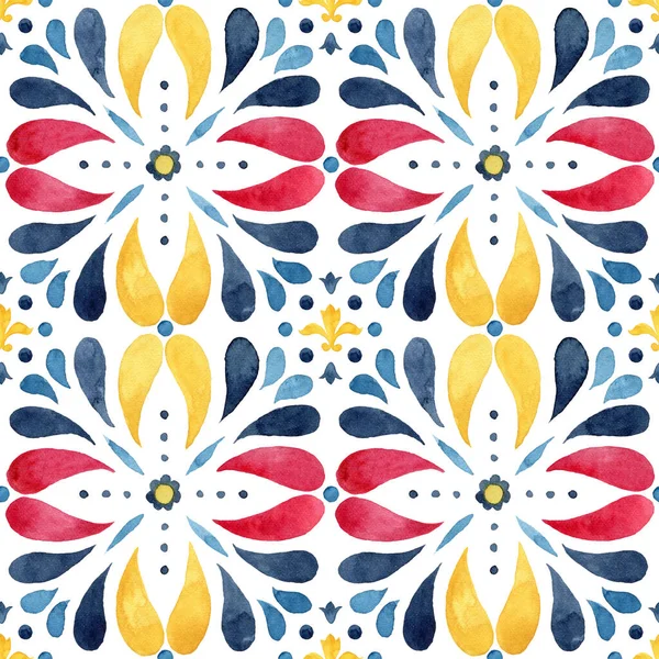 Watercolor Vintage Seamless Pattern Consisting Red Blue Yellow Mediterranean Tiles — 图库照片
