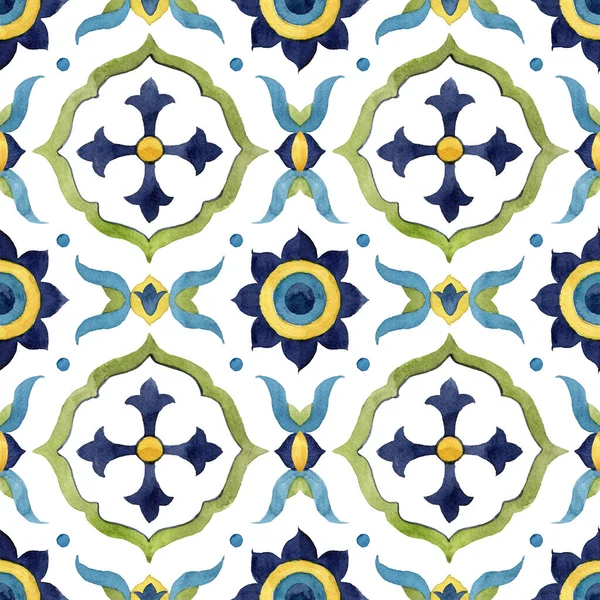 Watercolor vintage seamless pattern consisting of blue, green and yellow Mediterranean tiles and elements. Hand painted illustration isolation on white background for design, print or background