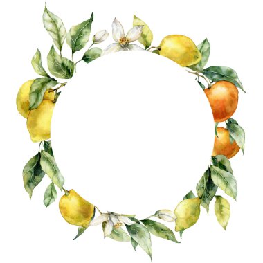 Watercolor tropical frame of ripe lemons, oranges, flowers and leaves. Hand painted branch of fresh fruits isolated on white background. Tasty food illustration for design, print, fabric, background