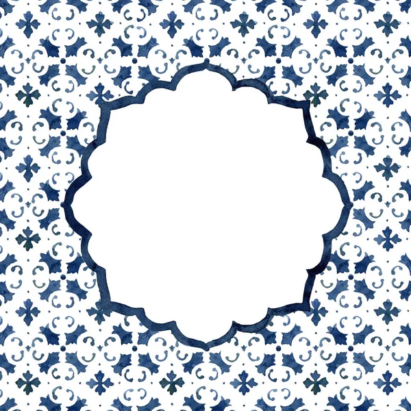 Watercolor square frame consisting of blue classical elements and Mediterranean tiles. Hand painted traditional illustration isolation on white background for design, print, fabric or background