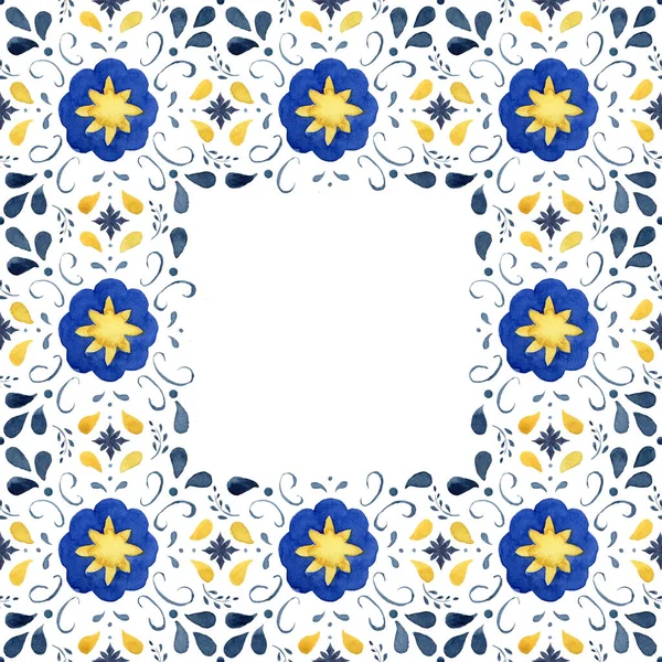 Moldura Clássica Aquarela Composta Por Elementos Azuis Yelllow Azulejos Mediterrânicos — Fotografia de Stock