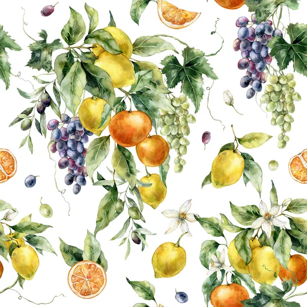 Aquarel Tropisch Naadloos Patroon Van Rijpe Citroenen Bloemen Sinaasappels Druiven — Stockfoto