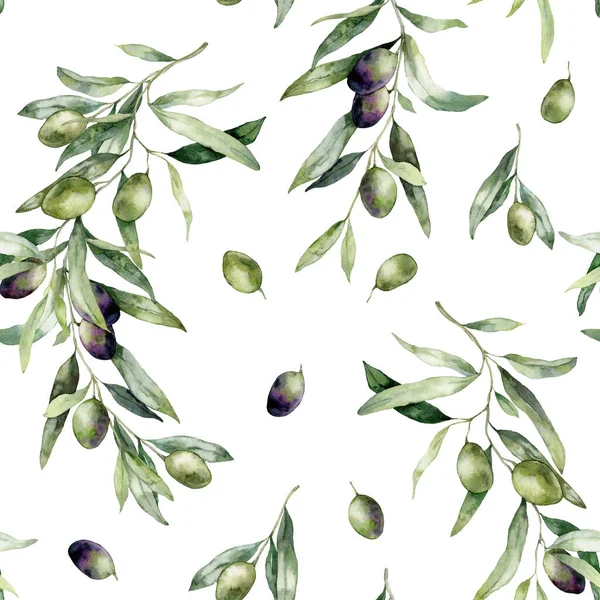 Watercolor Olive Seamless Pattern Branches Black Green Berries Hand Painted — Stock Photo, Image