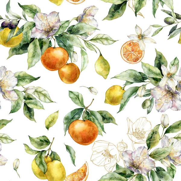 Акварельный Тропический Бесшовный Узор Золотых Линейных Цветов Лимонов Апельсинов Листьев — стоковое фото