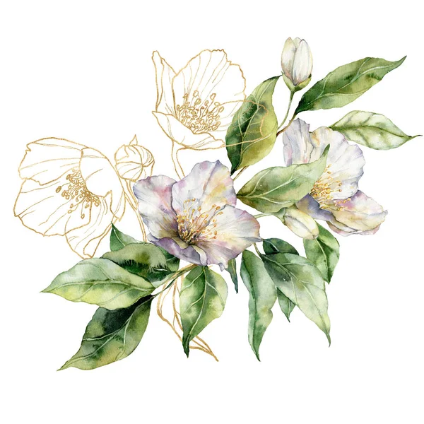 Υδατογραφία Λουλούδι Μπουκέτο Από Γραμμή Τέχνης Γιασεμί Και Φύλλα Χειροποίητο — Φωτογραφία Αρχείου