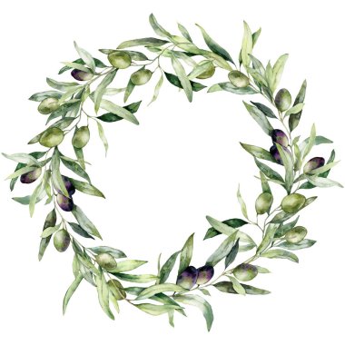 Zeytin dallarının suluboya çelenkleri siyah ve yeşil dutlu. Beyaz arka planda elle boyanmış doğa buketi. Tasarım, baskı, kumaş veya arkaplan çizimi