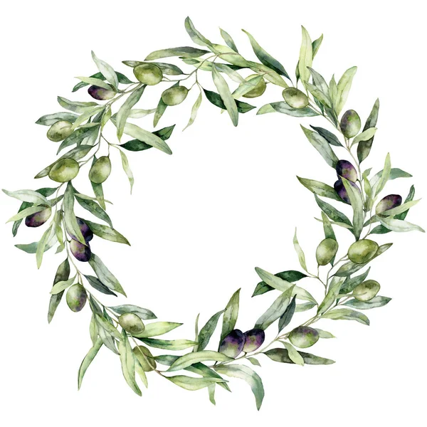 Watercolor wreath of olive branches with black and green berries. Hand painted nature bouquet isolated on white background. Plants illustration for design, print, fabric or background