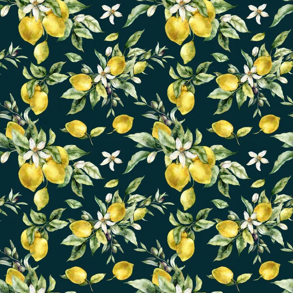 Aquarell Tropischen Nahtlosen Muster Von Reifen Zitronen Blumen Und Blättern — Stockfoto