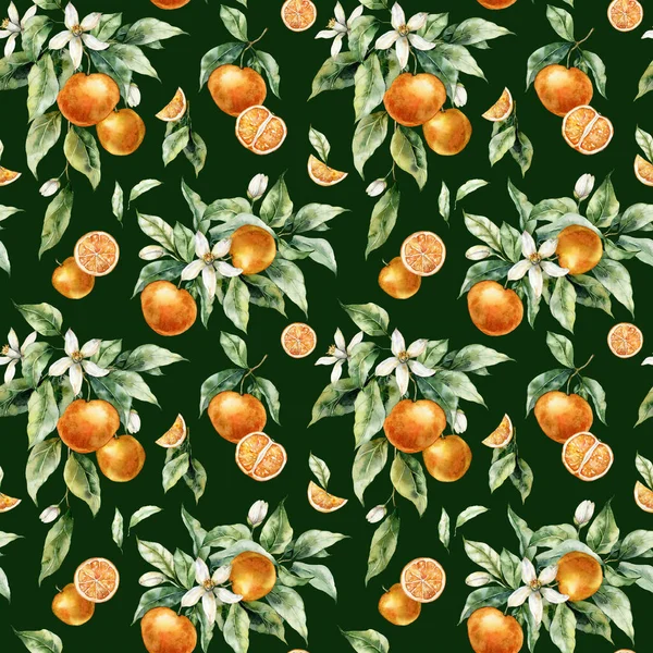 Akvarell Tropiska Sömlösa Mönster Mogna Apelsiner Blommor Och Blad Handmålade — Stockfoto