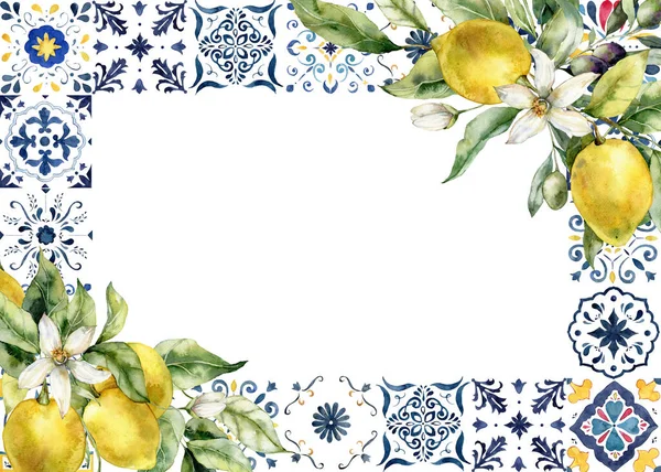 Watercolor tropical frame of ripe lemons, olives, flowers and tiles. Hand painted yellow fruits and mosaic isolated on white background. Tasty food illustration for design, print, fabric, background