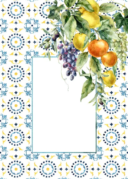 Acquerello Cornice Tropicale Arancio Maturo Limoni Uva Fiori Piastrelle Frutti — Foto Stock