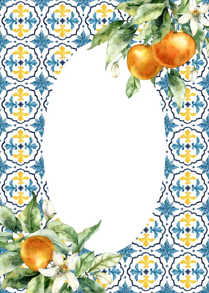 Acquerello Cornice Tropicale Arancio Maturo Fiori Piastrelle Dipinti Mano Frutta — Foto Stock