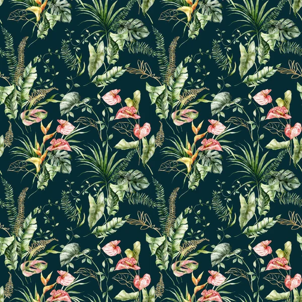 Watercolor Tropical Flowers Seamless Pattern Anthurium Heliconia Banana Calla Hand — ストック写真