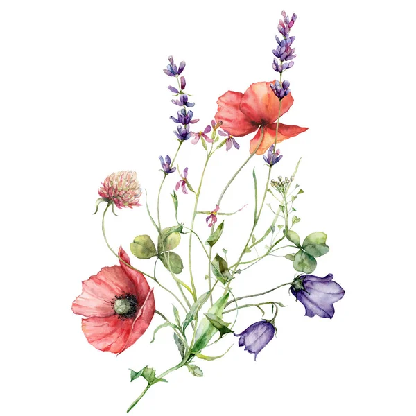 Suluboya Çayır Çiçeği Buketi Haşhaş Campanula Lavanta Beyaz Arka Planda — Stok fotoğraf