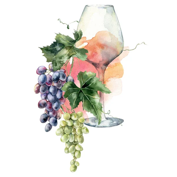 stock image Watercolor tropical bouquet of grapes, winegalss, rose wine and leaves. Hand painted card of fresh fruits isolated on white background. Tasty food illustration for design, print, fabric or background