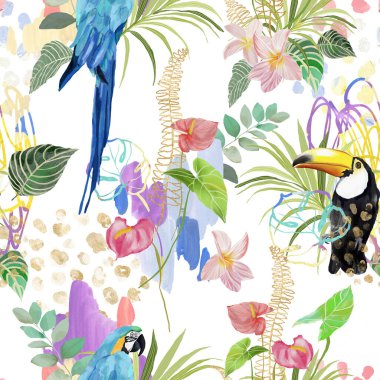 Akrilik tropik bitki, tukan ve papağan desenleri. El yapımı kuşlar, canavarlar ve bitkiler. Tasarım, baskı, kumaş veya arkaplan için beyaz arkaplanda izole edilmiş çiçek illüstrasyonu