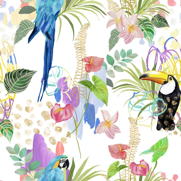 丙烯酸热带无缝模式的植物 扁豆和鹦鹉 手绘鸟类 怪兽和植物 在白色背景上孤立的用于设计 织物或背景的花卉图解 — 图库照片
