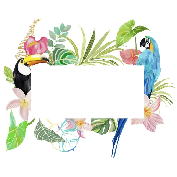 Acrylic abstract tropical frame of plants , parrot and toucan. Hand drawn card of bird, monstera and lines. Floral illustration isolated on white background for design, print or background