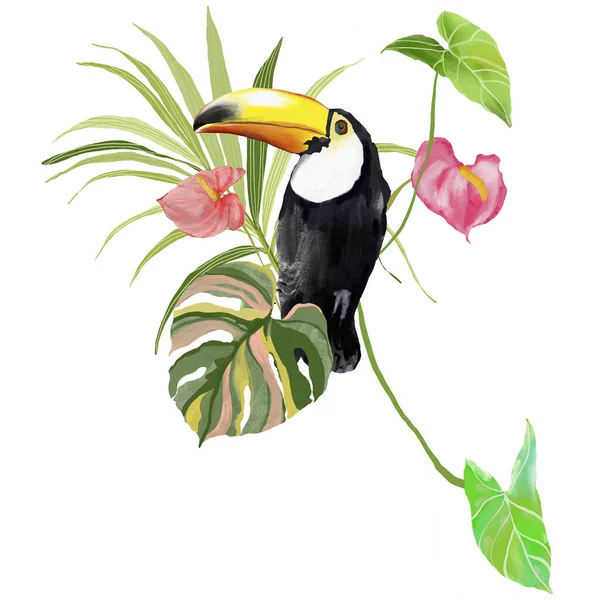 丙烯酸热带组成的花朵和触角 用手绘的鸟卡 安泰瑞姆牌和怪兽牌 在白色背景上孤立的用于设计 印刷或背景的花卉图解 — 图库照片