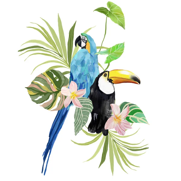 水杨酸摘要热带植物 扁豆和鹦鹉的组成成分 手绘鸟类 怪兽和线条的卡片 在白色背景上孤立的用于设计 印刷或背景的花卉图解 — 图库照片