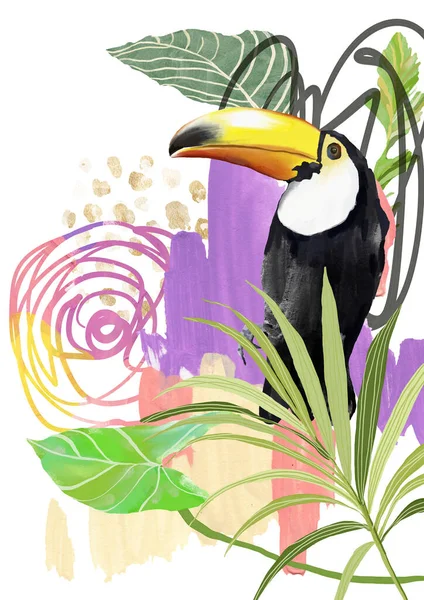 丙烯酸的热带植物和扁豆的抽象海报 手绘鸟类 怪兽和线条的卡片 在白色背景上孤立的用于设计 印刷或背景的花卉图解 — 图库照片