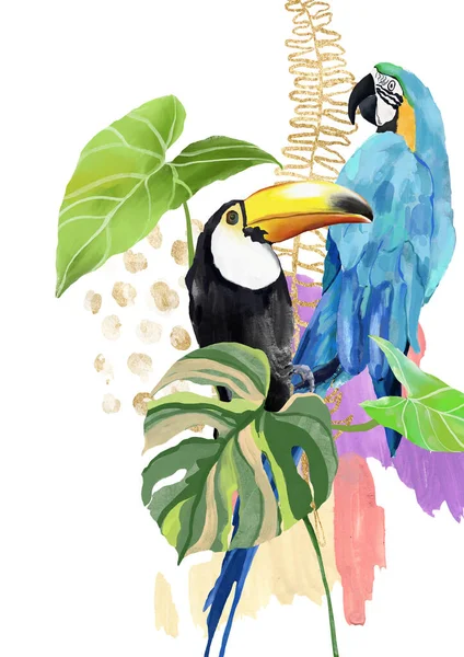 丙烯酸的热带植物 扁豆和鹦鹉的抽象海报 手绘鸟类 怪兽和线条的卡片 在白色背景上孤立的用于设计 印刷或背景的花卉图解 — 图库照片