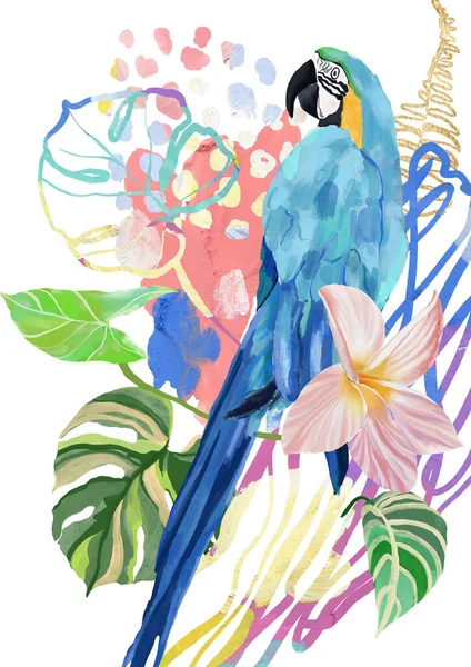 丙烯酸的热带植物和鹦鹉的抽象海报 手绘鸟类 怪兽和线条的卡片 在白色背景上孤立的用于设计 印刷或背景的花卉图解 — 图库照片