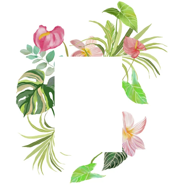 プルメリア アントゥリウム ヤシや植物のアクリル熱帯フレーム 白い背景に描かれた花のカードを手描き 休日の花のイラスト デザイン 生地や背景のための — ストック写真