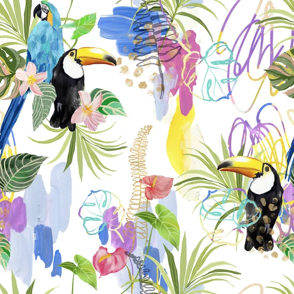 丙烯酸热带无缝模式的植物 鹦鹉和燕麦 手绘鸟类 怪兽和植物 在白色背景上孤立的用于设计 织物或背景的花卉图解 — 图库照片