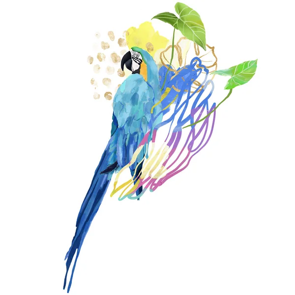 Akrylowa Abstrakcyjna Tropikalna Kompozycja Roślin Złotych Plamek Papugi Ręcznie Rysowana — Zdjęcie stockowe
