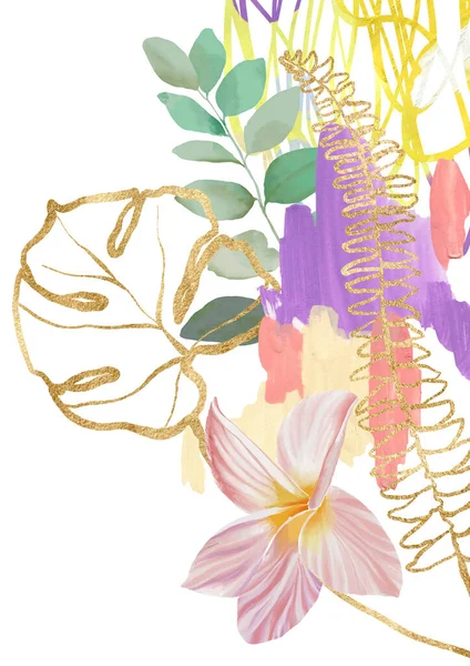 Akryl Tropisk Affisch Guld Monstera Plumeria Och Ormbunke Handmålade Blommor — Stockfoto