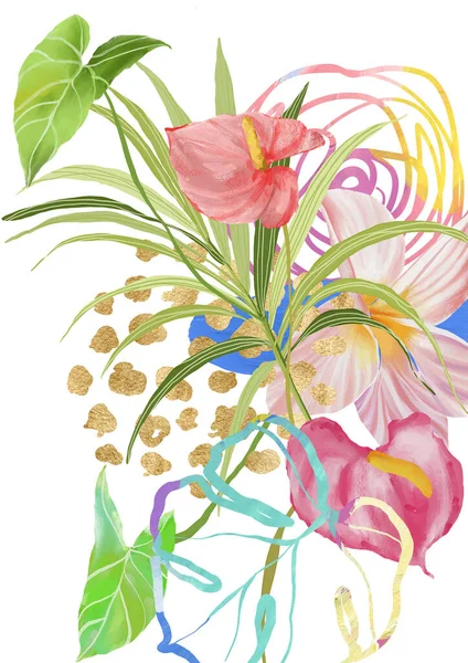 アンスリウム プルメリア ヤシや植物のアクリル熱帯ポスター 白い背景に描かれた花のカードを手描き 休日の花のイラスト デザイン 生地や背景のための — ストック写真