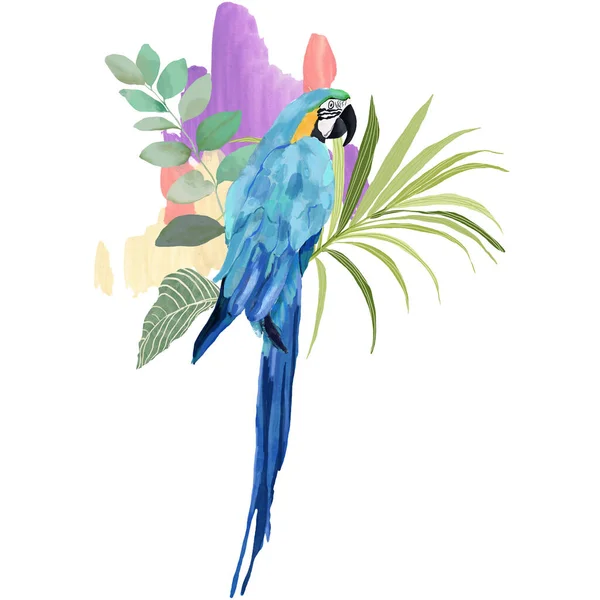 Akryl Abstrakt Tropisk Sammansättning Växter Och Papegoja Handritat Kort Fågel — Stockfoto
