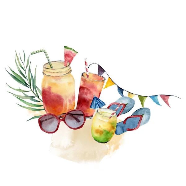 Akvarell Nyári Strand Összetétele Napszemüveg Koktélok Gyümölcsök Papucs Kézzel Rajzolt — Stock Fotó