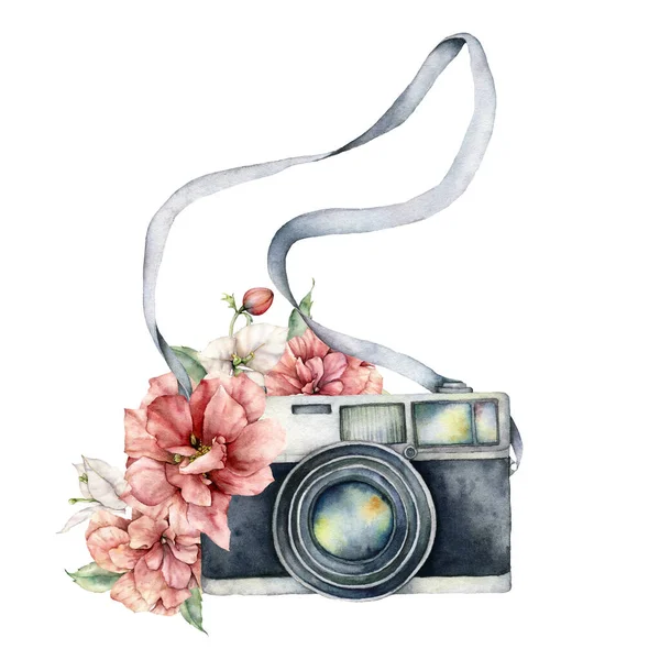 カメラや花の水彩夏の組成物 手描きのカメラと牡丹は白い背景に隔離されています デザイン プリント 背景のイラスト — ストック写真