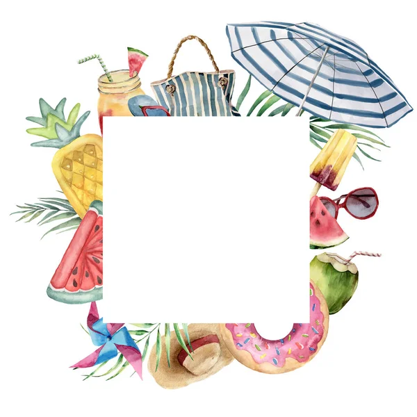Aquarel Tropisch Frame Van Strand Accessoires Paraplu Lounge Stoel Tas — Stockfoto