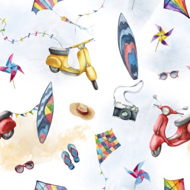 Plaj elementlerinin suluboya desenleri. El yapımı scooter, sörf tahtası, kamera ve beyaz arka planda izole edilmiş şapka. Tasarım, baskı veya arkaplan için besin illüstrasyonu