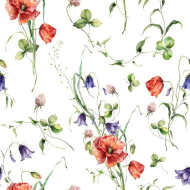 Suluboya çayır çiçekleri pürüzsüz haşhaş, yonca ve campanula deseni. Beyaz arka planda izole edilmiş kır çiçeklerinin el yapımı çiçekleri. Tasarım, yazdırma veya arkaplan çizimi