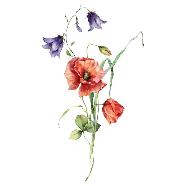 Akvarell Äng Blommor Bukett Campanula Vallmo Klöver Och Blad Handmålade — Stockfoto