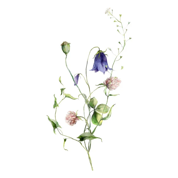 Aquarell Wiesenblumen Strauß Aus Klee Glockenblume Und Blättern Handgemaltes Blumenposter — Stockfoto