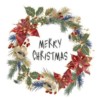 Altın çerçeveli suluboya Noel çerçevesi. Noktalı noktalar, böğürtlen ve dallar. Beyaz arka planda izole edilmiş, elle boyanmış çiçeklerden oluşan tatil kartı. Tasarım, yazdırma veya arkaplan çizimi