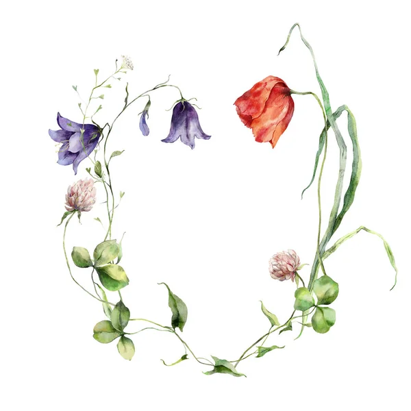 Aquarell Wiesenblumen Kranz Aus Mohn Glockenblumen Und Klee Handgemalte Florale — Stockfoto