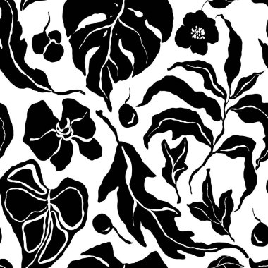 Çizgi sanatı tropikal siyah çiçek ve yapraklardan oluşan soyut bir desen. Beyaz arka planda elle boyanmış çiçek süsü. Tasarım, baskı, kumaş veya arkaplan için Tatil Resimleri