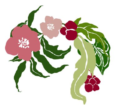 Vektör tropikal kırmızı ve pembe çiçek buketi, yeşil yapraklar. Beyaz arka planda elle boyanmış çiçek posteri. Tasarım, baskı, kumaş veya arkaplan için Tatil Resimleri