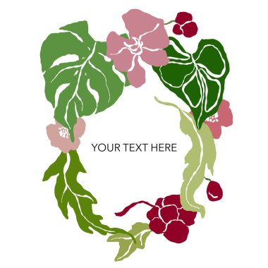 Pembe ve kırmızı çiçeklerin, yeşil yaprakların tropikal şöhretini temsil ediyor. Beyaz arka planda elle boyanmış çiçek kompozisyonu. Tasarım, baskı, kumaş veya arkaplan için Tatil Resimleri