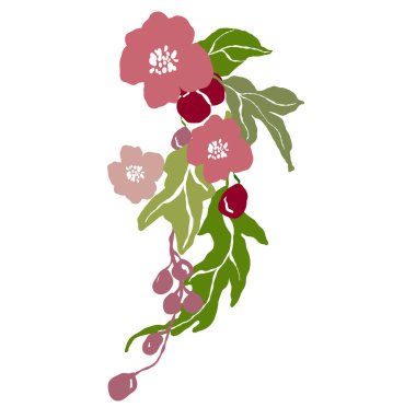 Vektör tropikal yeşil yapraklar, pembe ve kırmızı çiçekler. Beyaz arka planda elle boyanmış çiçek posteri. Tasarım, baskı, kumaş veya arkaplan için Tatil Resimleri