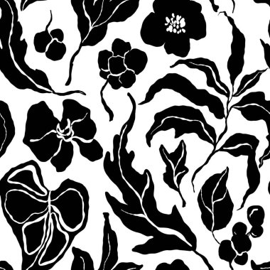 Çizgi sanatı tropikal, siyah yapraklar ve çiçeklerden oluşan soyut, pürüzsüz bir desen. Beyaz arka planda elle boyanmış çiçek süsü. Tasarım, baskı, kumaş veya arkaplan için Tatil Resimleri