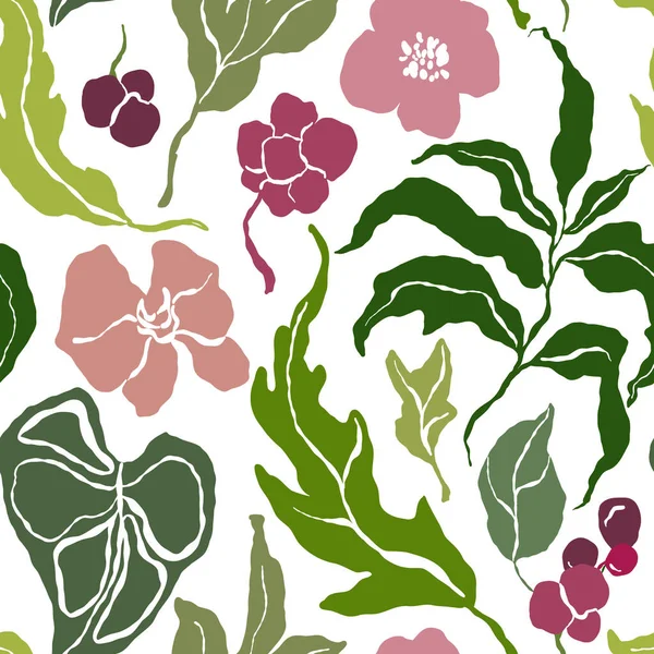 Line Art Tropické Abstraktní Bezešvé Vzor Květin Zelené Listy Ručně — Stock fotografie